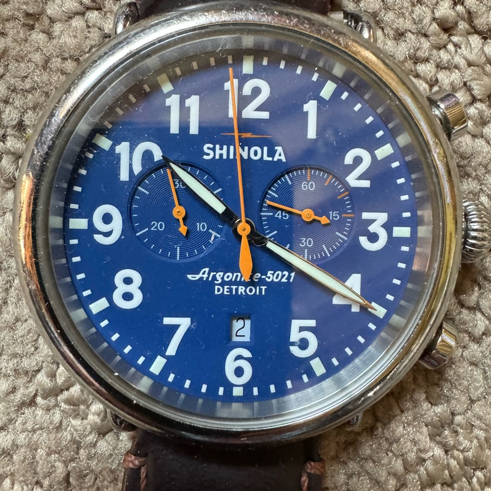 Men’s Shinola Dark Brown Leather Blue Face Watch With Leather Carrying Case